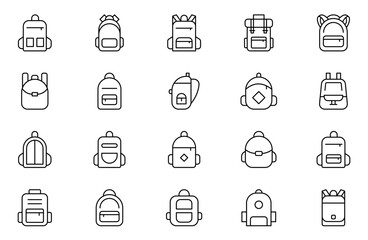 Backpack icon set. Outline set of backpack vector icons for web design isolated on white background