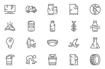 Garbage outline icon set. Plastic bottles, biodegradable trash, junk truck, landfill, paper, glass, batteries, garbage disposal, trash separation line icon set. Editable stroke. Vector illustration