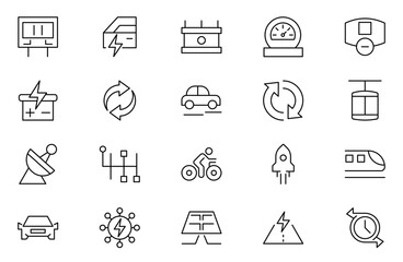 Electric Vehicle outline icon set. EV, electric socket station, car plugged, battery, technology, home car charging, power station,  Editable stroke. Vector illustration