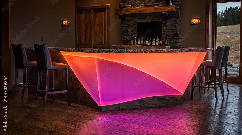 Poster Modern illuminated bar design with stools and fireplace features