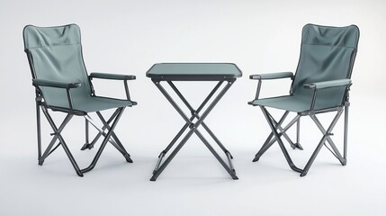 Portable folding camping chairs and table set.