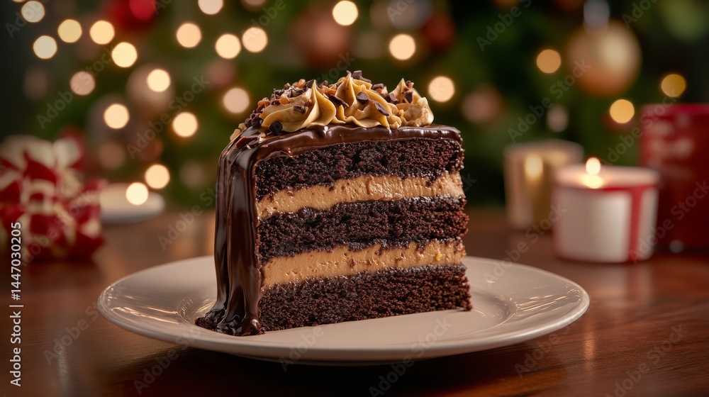 Poster Close-up of a decadent chocolate cake slice with glossy ganache and toppings, served on a fine plate with a soft bokeh background for a festive atmosphere
