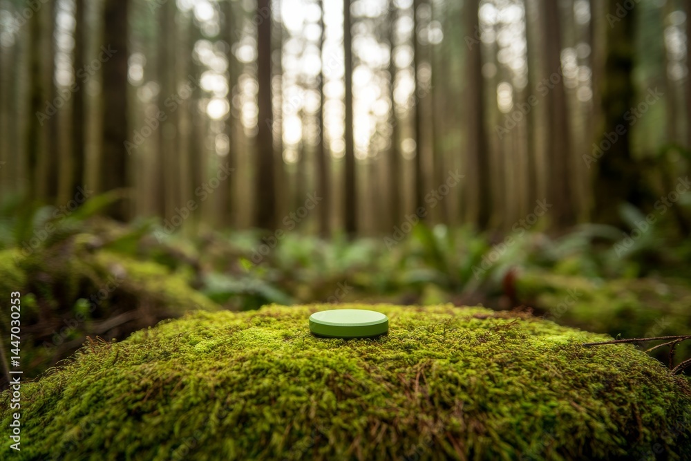 Aufkleber a rough stone is adorned with vibrant green moss in a forest, with sunlight highlighting its texture