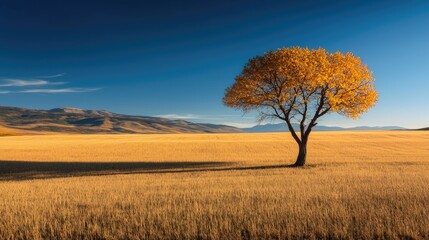 A solitary tree stands in a field beneath a blue sky