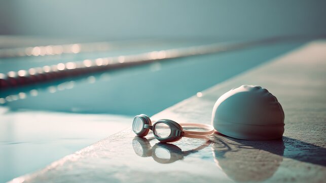 Aquatic equipment at the edge of swimming pool ready for training session