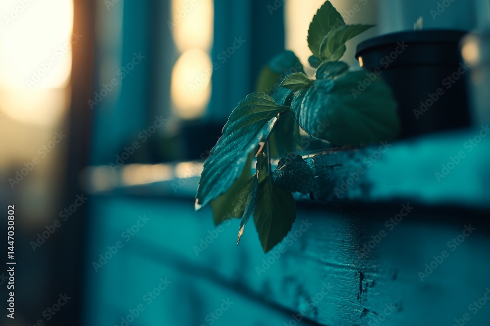 Poster Soft lighting illuminates the intricate textures of delicate leaves on a weathered wooden shelf, creating a calm atmosphere perfect for design inspiration