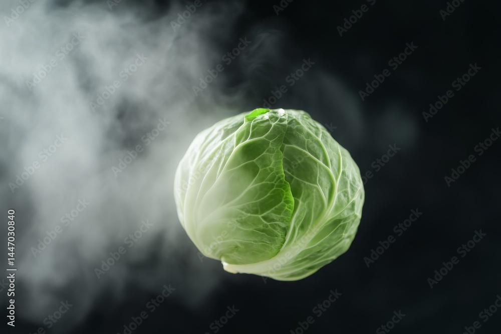 Aufkleber a lone cabbage floats in the air, lit from behind, creating a glowing halo against a dark backdrop t