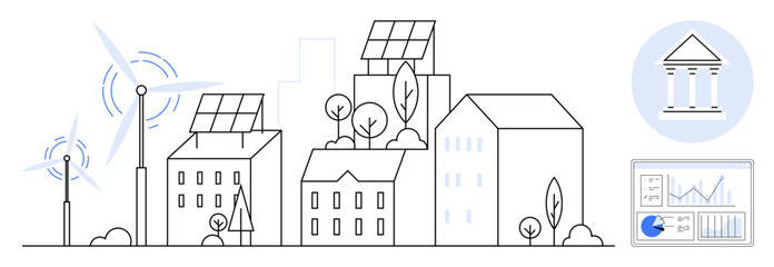 Solar-paneled buildings, wind turbines, trees, and charts for environmental monitoring. Ideal for sustainability, renewable energy, eco-friendly design, urban planning, green technology clean