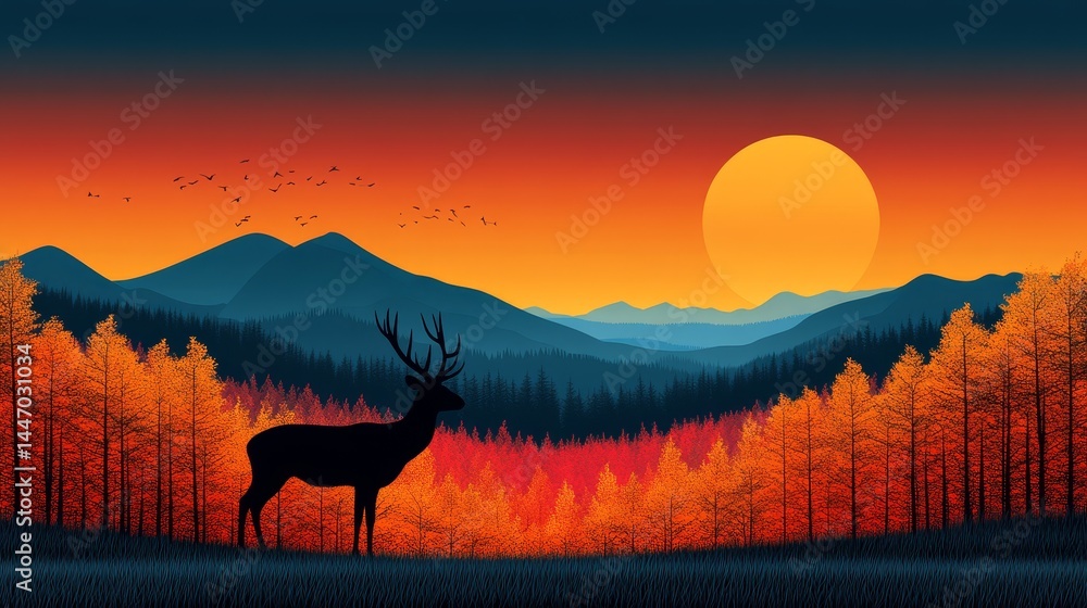 Poster pixelated deer silhouette at dusk evoking a sense of calm and solitude within a colorful landscape w