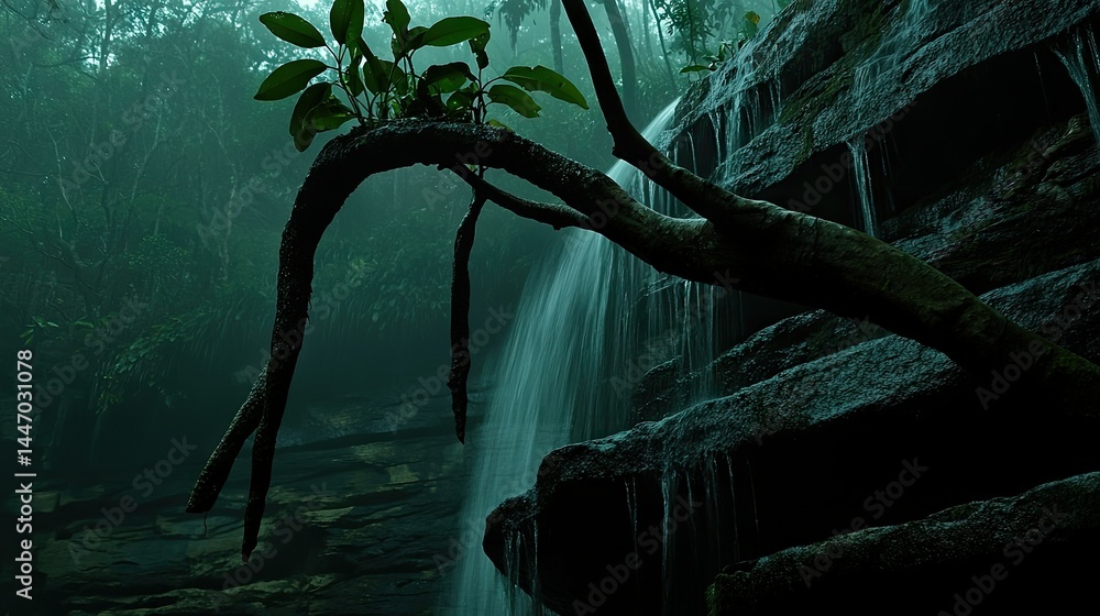 Poster a waterfall cascading near a tree branch over a forest background