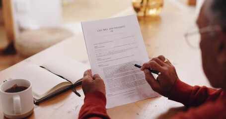 Pen, reading and will with man in living room of home for legal documents or paperwork from above. Contract, planning and security with senior person in apartment for review of assets or inheritance - Powered by Adobe