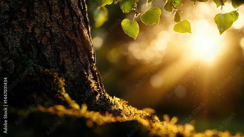 Poster sunlight shines through leaves upon a tree branch in forest
