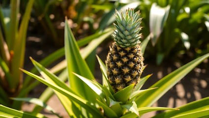 Obraz premium Ripening pineapple atop sharp green leaves, bathed in tropical sunlight. 