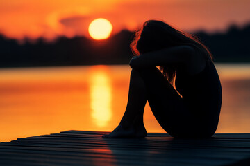 Silhouette of a sad woman on a dock at sunset, hugging her knees