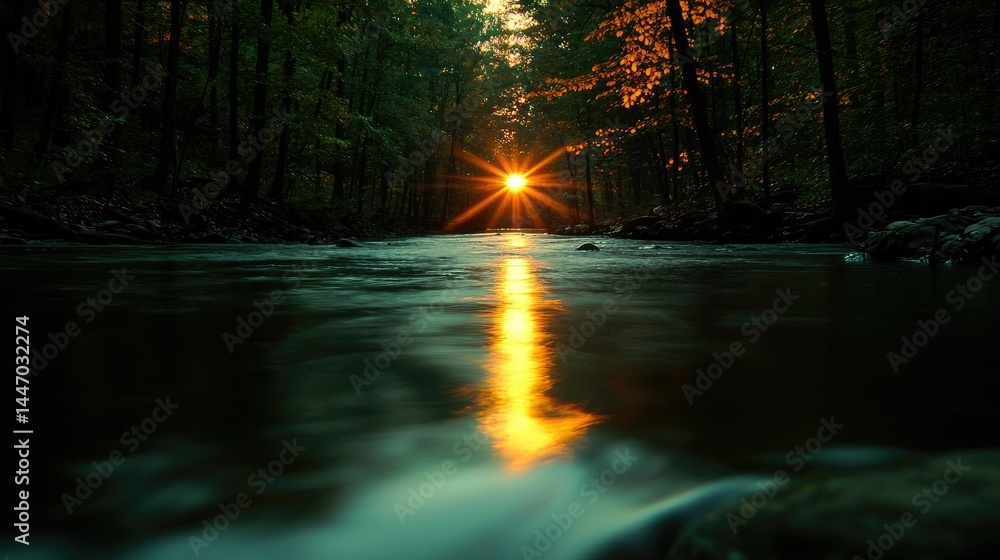 Poster sunlight beaming down on a river in a peaceful forest setting