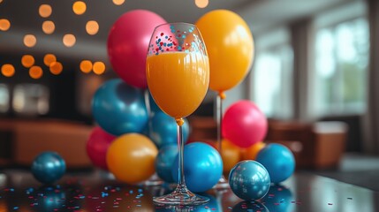 Festive celebration with colorful balloons and drinks in a vibrant, well-lit venue