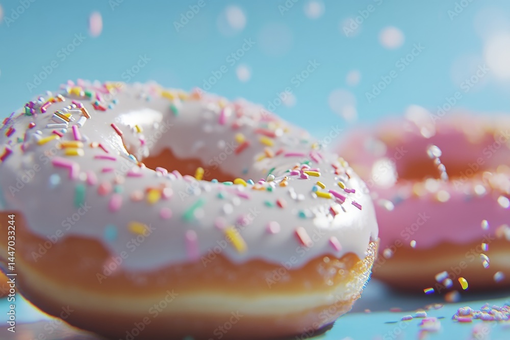 Poster close-up view of neatly arranged colorful donuts featuring bright icing and sprinkles on a blue back