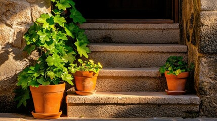 Outdoor stone steps featuring several potted plants and greenery
