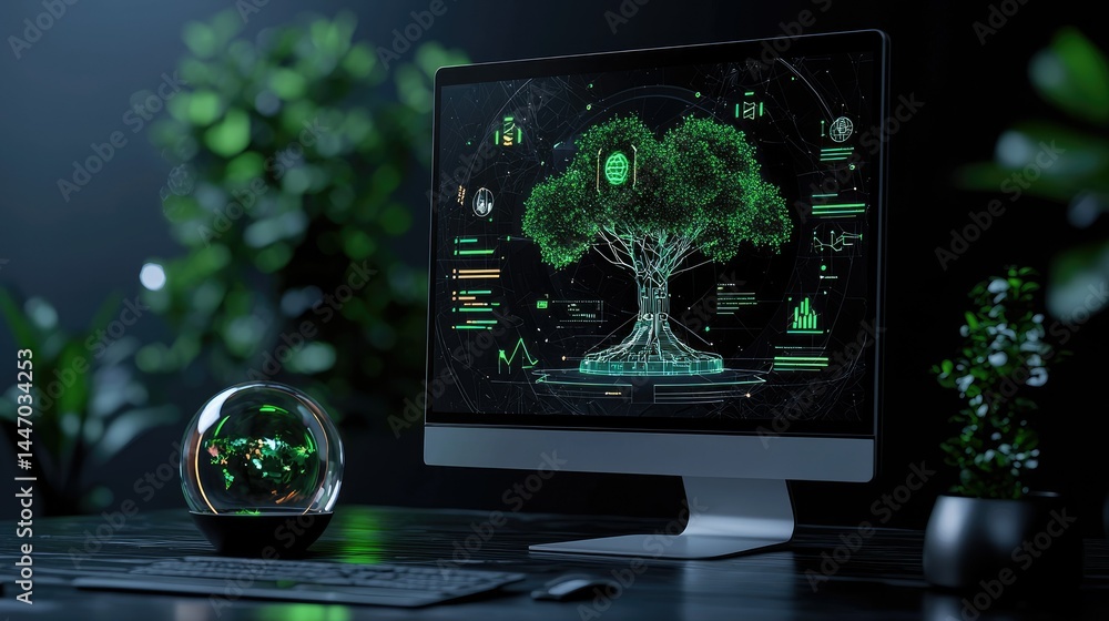 Poster a digital tree graphic displayed on a computer monitor screen