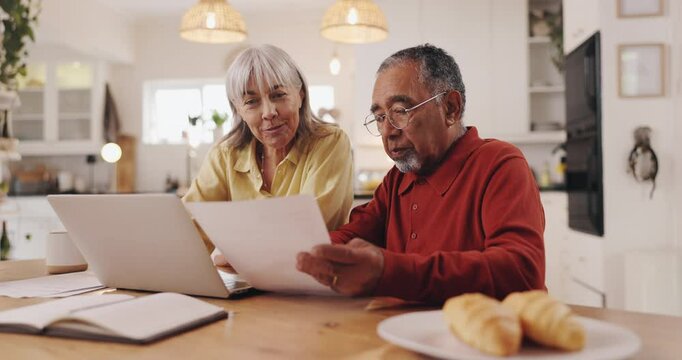 Finance, senior couple or laptop with documents in home for asset management, budget planning or account review. Interracial people, talking or retirement funding for life insurance or online banking