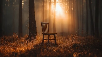 A wooden chair positioned in the warm sunlight of a forest