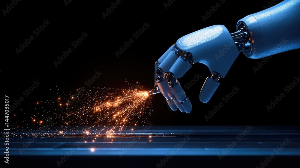 Poster an artificial hand creating sparks against a dark background