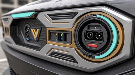Obraz premium High-resolution image of an electric vehicle charging station's charging point and plug Focus on intricate details - port detailed socket