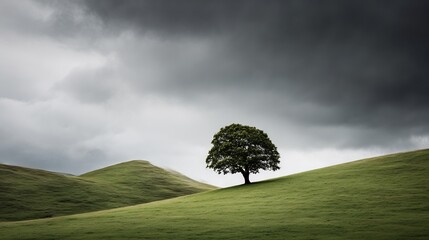Lone tree standing in the rolling hills under a moody, overcast sky