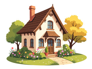 a super beautiful french cottage with super beautiful spring vibes cartoon like in a white background 