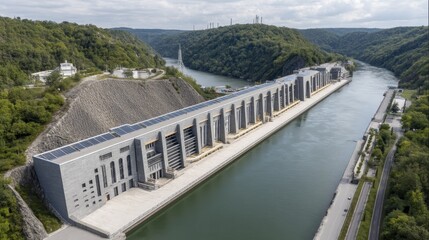 Fototapeta premium Massive hydroelectric dam, solar panels, and wind turbines generate clean energy Sustainable energy sources, renewable power - infrastructure landscape construction