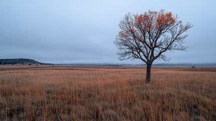 Fototapeta premium A lone tree stands in a grassy field under a cloudy sky