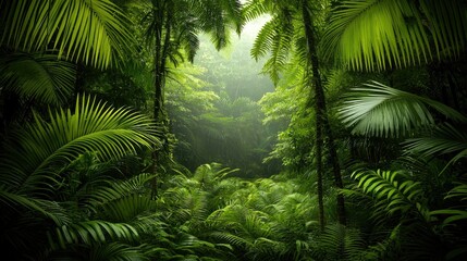 Lush green jungle scene with sunlight and plenty of vegetation