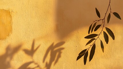A branch of leaves casting a shadow on an ochre wall