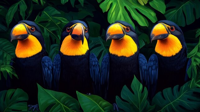 Intriguing portrait of a group of colorful vulturine parrots perched amidst vibrant foliage showcasing the beauty of avian wildlife and natural harmony