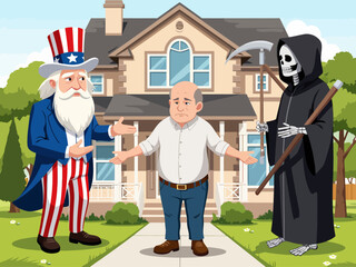 three figures stand in the front yard of a suburban house First, a nervous middle-aged balding suburban white man On his left is the second figure Uncle Sam