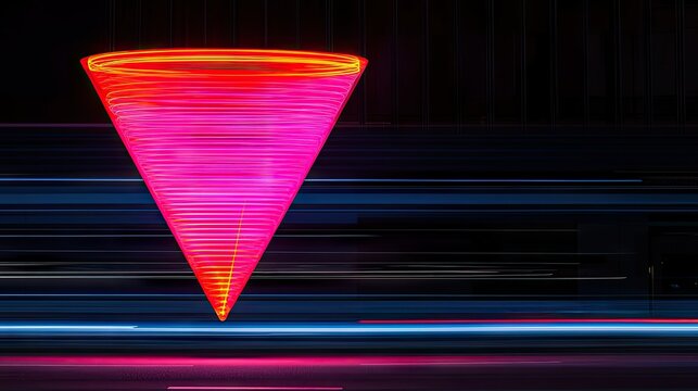 Illuminated pink inverted cone shaped light fixture with streaks of color