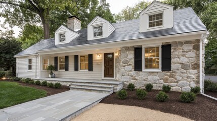 Rustic Cape Cod style home, newly renovated, energy efficient solar panels Attractive landscaping - Renovated efficient home House Shrubs Shutters