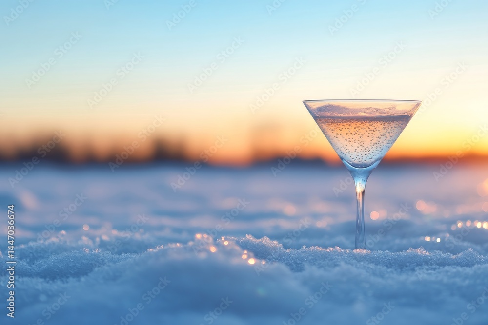 Poster a crystal glass filled with a sparkling drink rests in soft winter snow, with delicate bubbles float