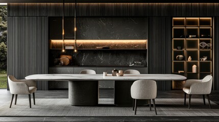 Luxurious modern dining room with marble table and minimalist design