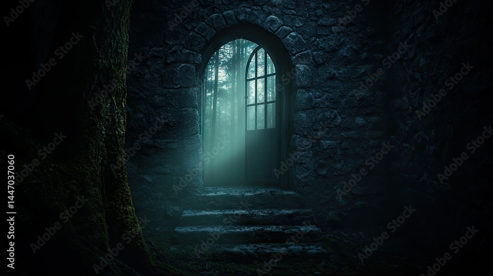 Poster a stone doorway frames a view into a mysterious forest setting