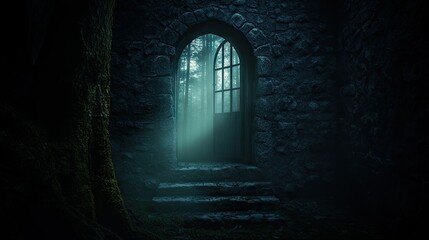Obraz premium A stone doorway frames a view into a mysterious forest setting