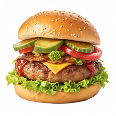 Delicious cheeseburger with sesame bun, lettuce, tomato, pickles, cheese, and patty on abstract colorful background &mdash; ideal for urban food posters, bold ads, burger shop branding, or pop art food prin