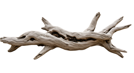 Sculptural driftwood branch isolated, a natural organic form on white