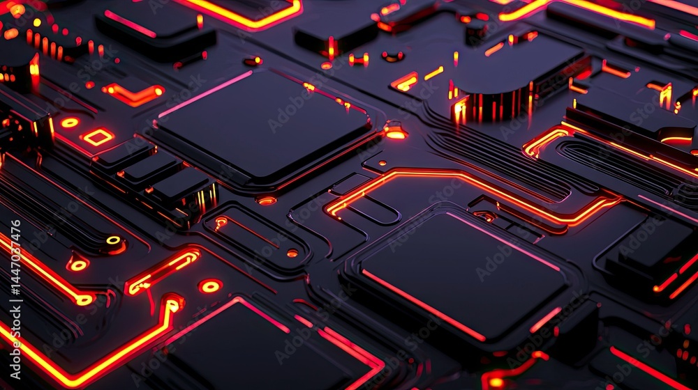 Poster a digital abstract of glowing circuits and technological components