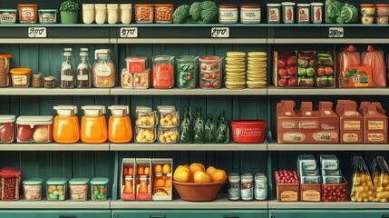 Well-stocked grocery shelves with diverse food items.