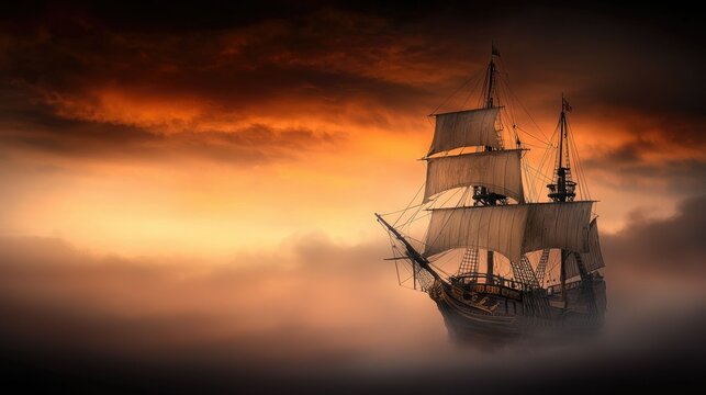 A tall sailing ship voyages through an atmospheric orange sky