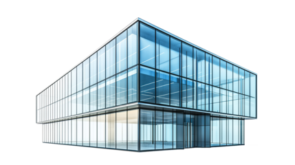 Modern blue glass office building with sky reflection shows its corporate facade, isolated on transparent background. PNG