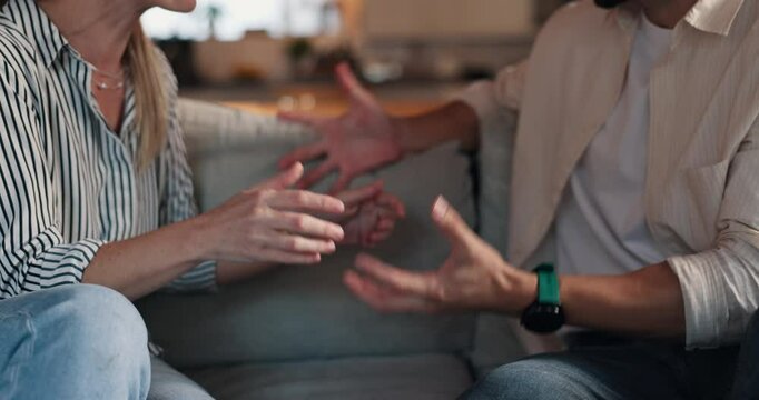 Angry, hands and couple with fight on sofa for toxic marriage, cheating blame and frustrated with betrayal. Affair, people and disagreement in home for infidelity, shouting or unhappy in relationship
