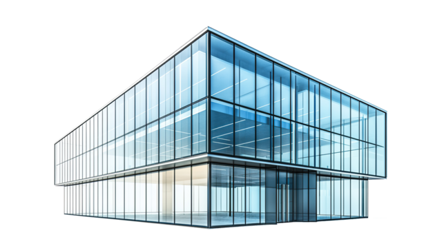 Modern blue glass office building with sky reflection shows its corporate facade, isolated on transparent background. PNG