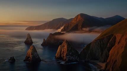 The sunrise illuminating a coastal landscape with mountains and sea